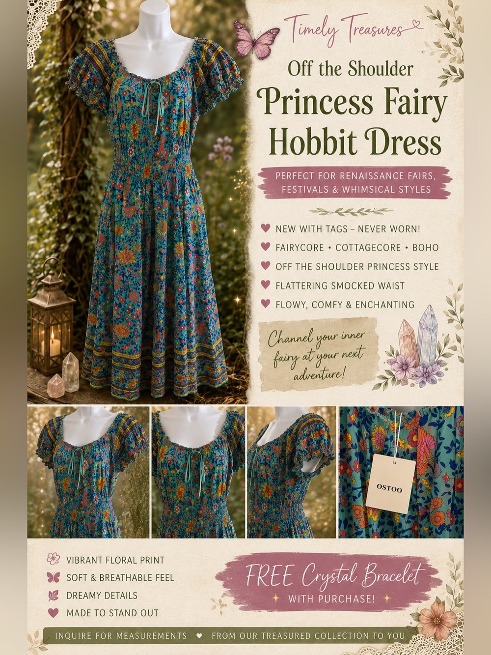 Fairy core princess Teal Floral Smocked Midi Dress with Ruffle Sleeves